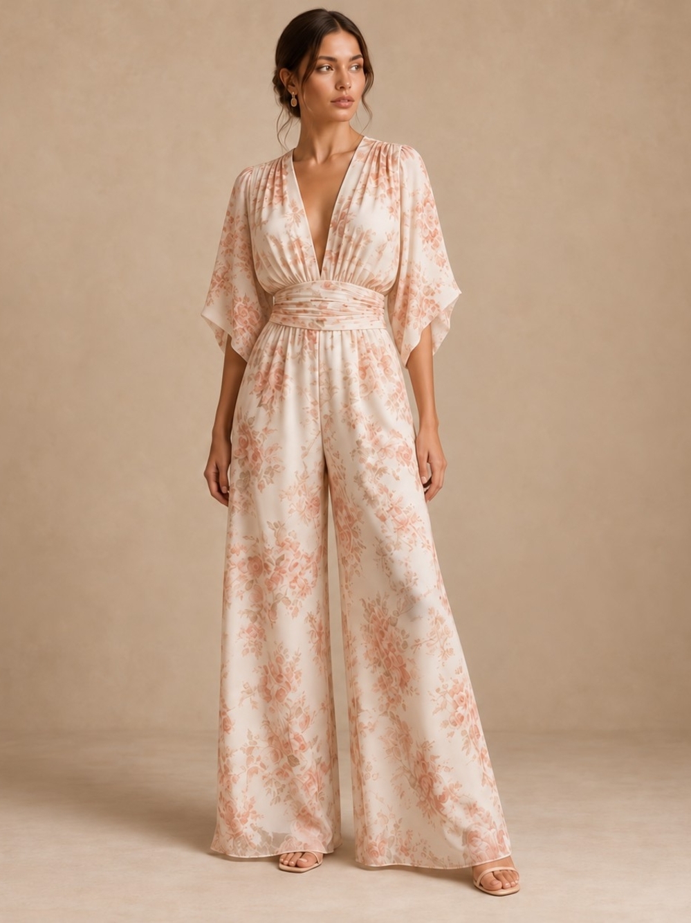 Asos Curve Ivory Pink Floral Wide Leg Jumpsuit Size 16 Ruched Open Back Romantic